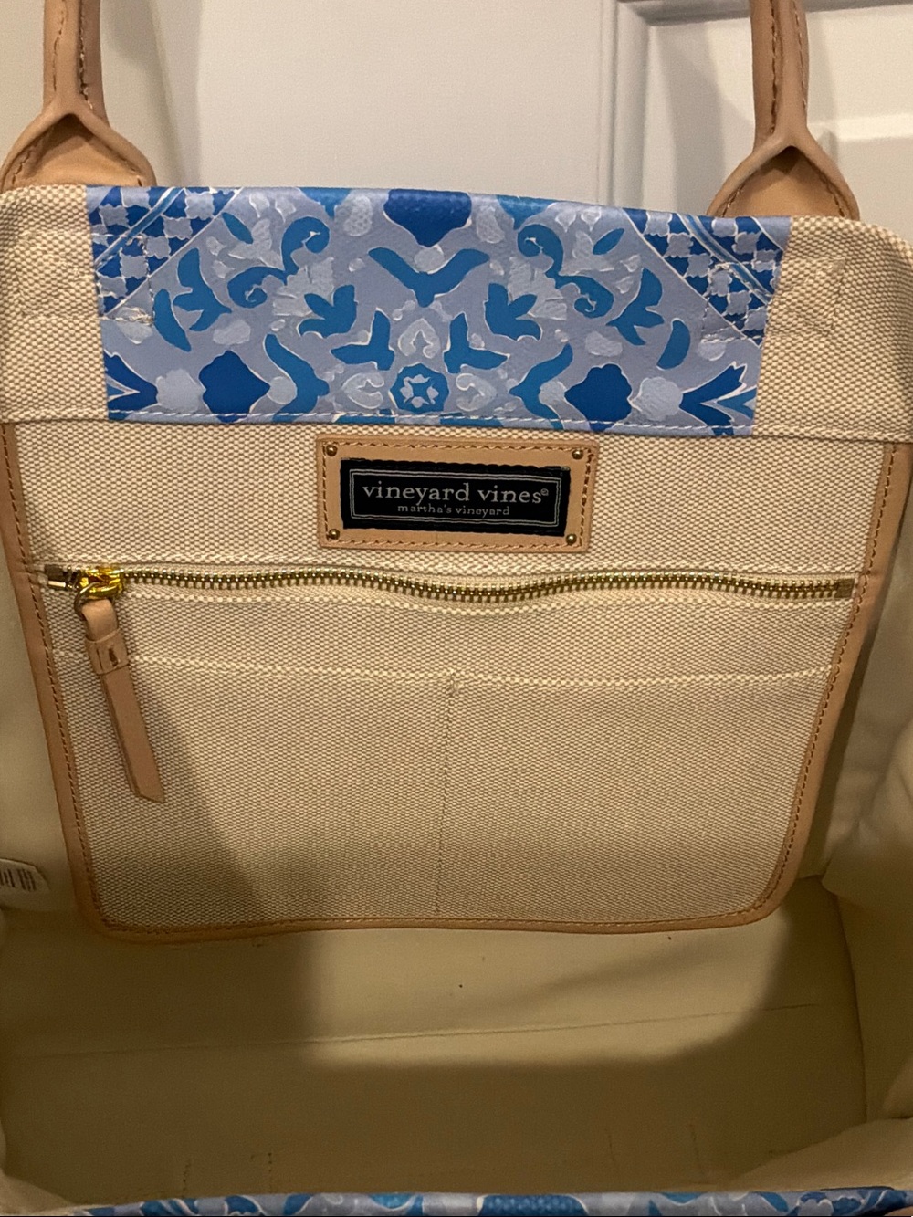 Vineyard Vines Cream Canvas Tote with Blue Mosaic Panel and Tan Handles - Picture 3 of 6